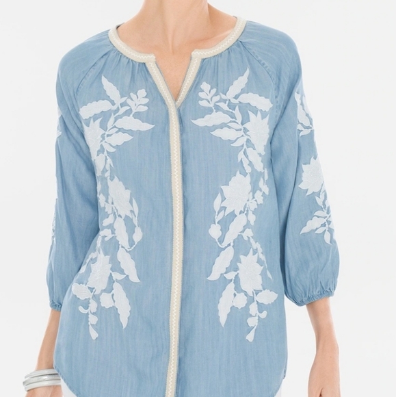 Chico's Tops - CHICO'S Blue Denim Applique Boho Blouse Size 3 (1X or 16)